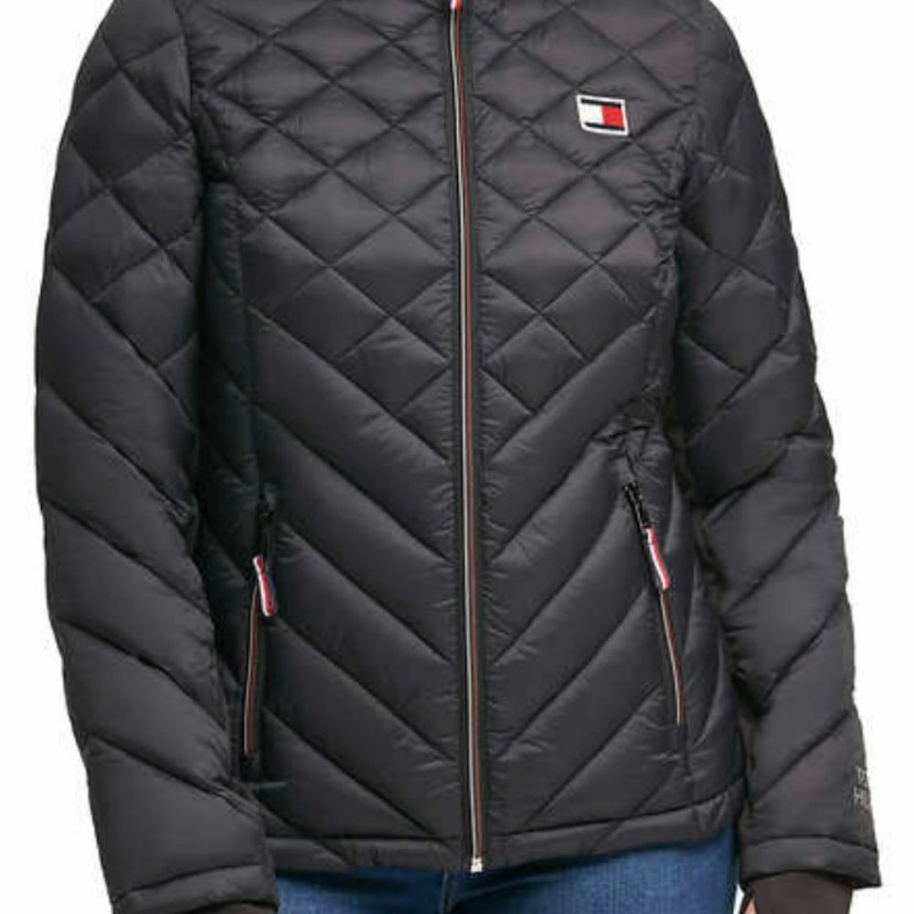Tommy Hilfiger Ladies' Packable Jacket Pocket Bag Included, Black, storm cuff